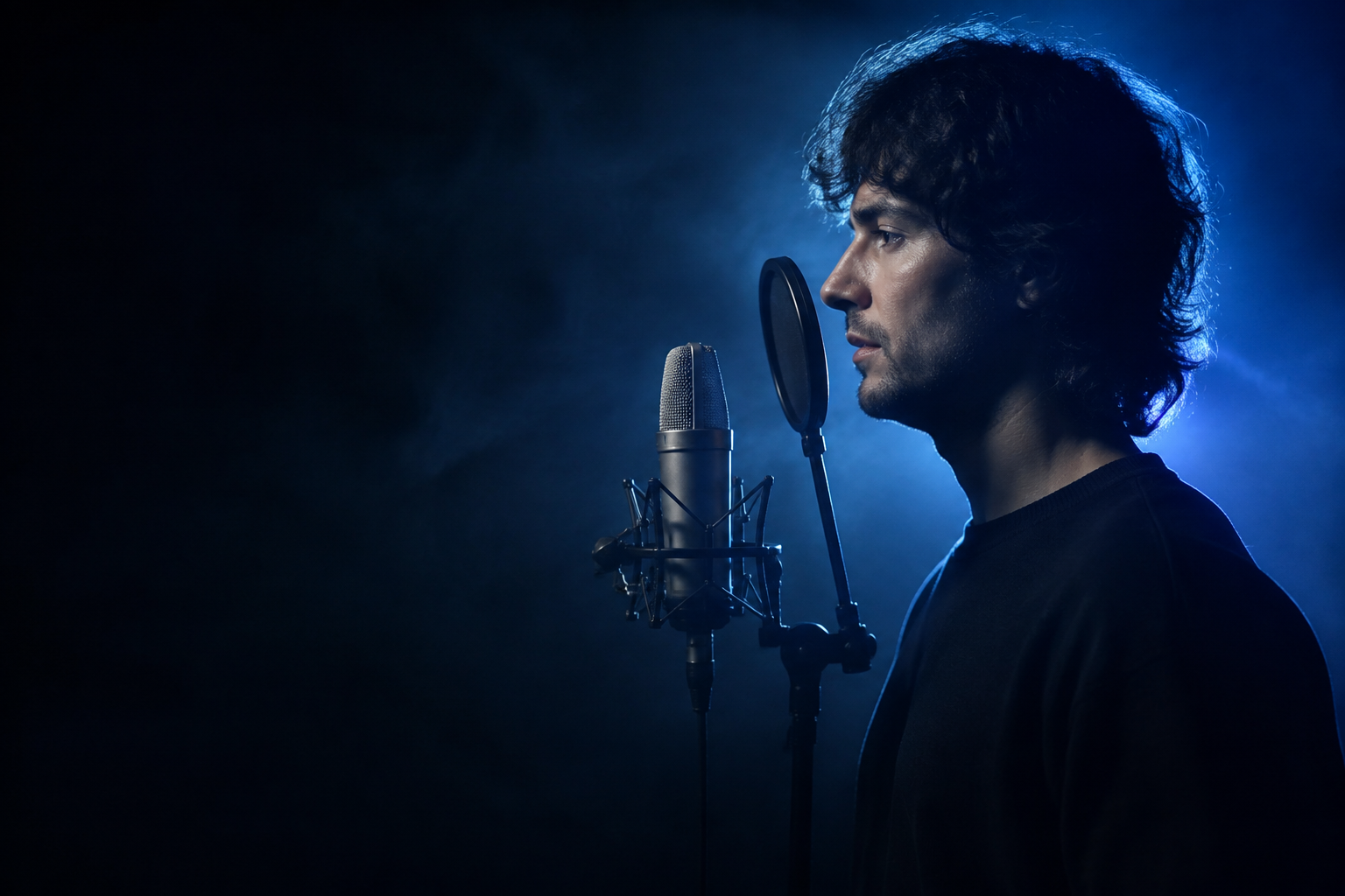 A voice actor at a studio microphone in cinematic blue light